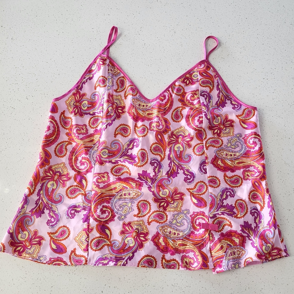 Vintage Y2K Satin Paisley Cami Pink Spaghetti Strap Silky Tank L